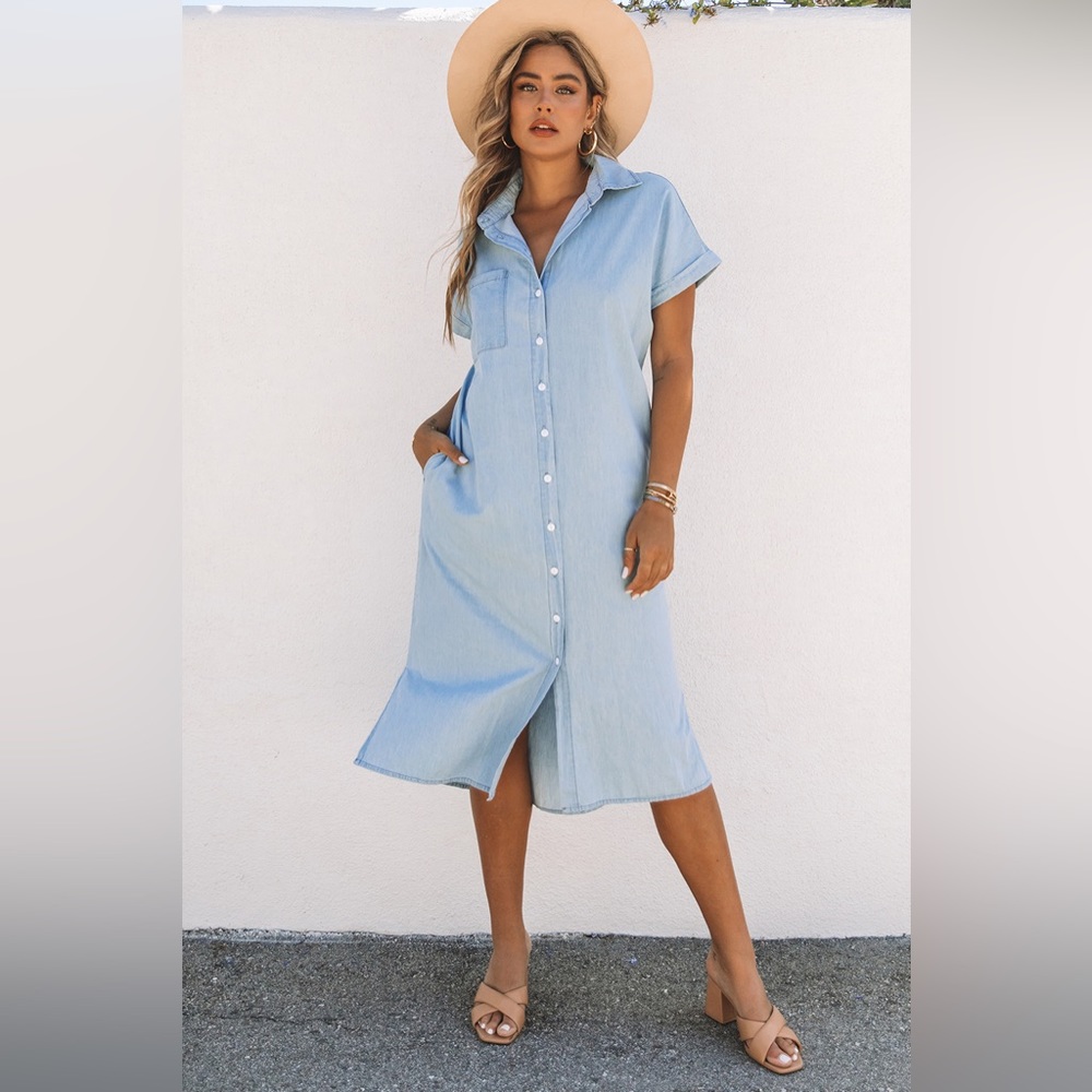 Cuffed Short Sleeve Side Slit Dress